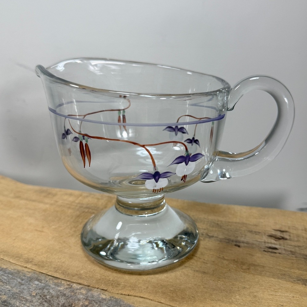 Vintage Hand Painted‎ Fuchsia Floral Glass Gravy Boat Footed Pitcher Cottagecore